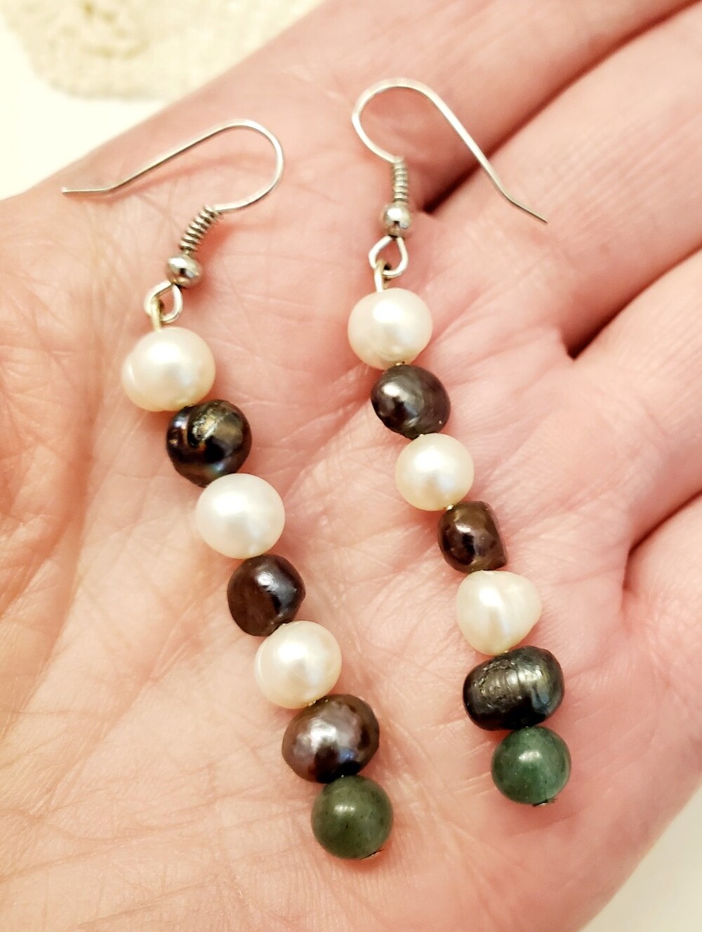 Freshwater Pearl and Green Stone Drop Earrings, French Hooks